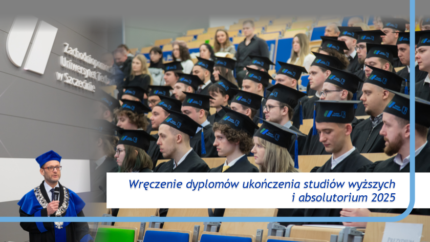 grafika ozdobna, grupa studentów podczas rozdania dyploimów w biretkach i togach, dziekan wydziału informatyki podczas przemowy